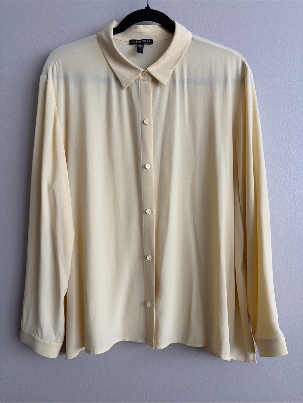 Eileen Fisher Silk Georgette Crepe Classic Collar Blouse Butter Yellow L